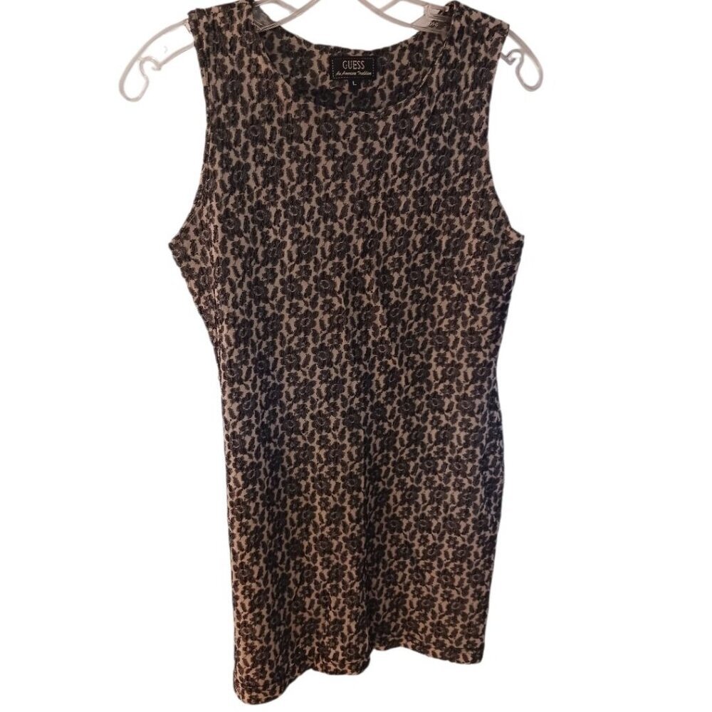 Guess Floral Print Sleeveless Bodycon Dress In Black /Beige  Large